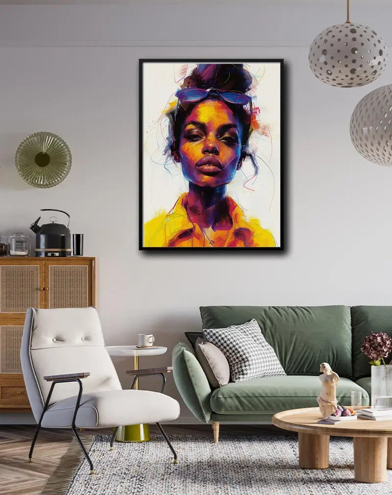 A vibrant and dynamic illustration of a woman with expressive colors in shades of yellow, purple, and red, wearing sunglasses on her head. This poster art brings a bold, contemporary feel to any space, perfect for modern wall art decor