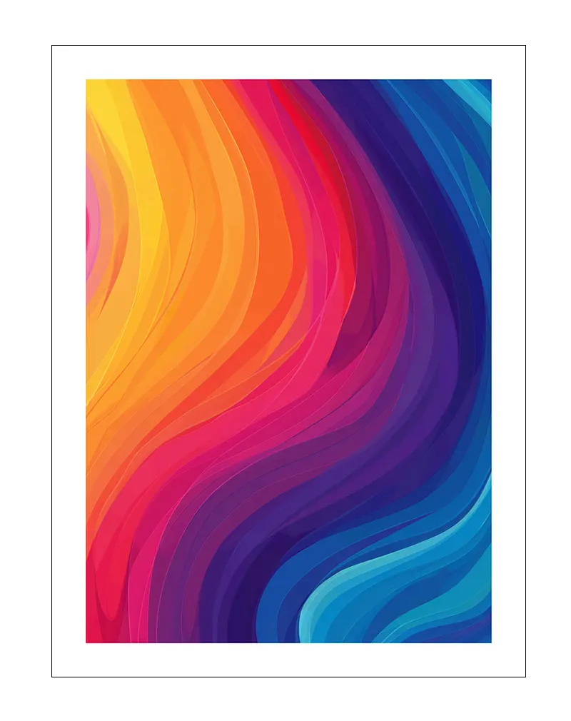 A vibrant abstract wall art poster featuring colorful flowing waves in shades of orange, pink, purple, and blue. This modern illustration adds a dynamic and energetic feel to any room, ideal for contemporary interior decor