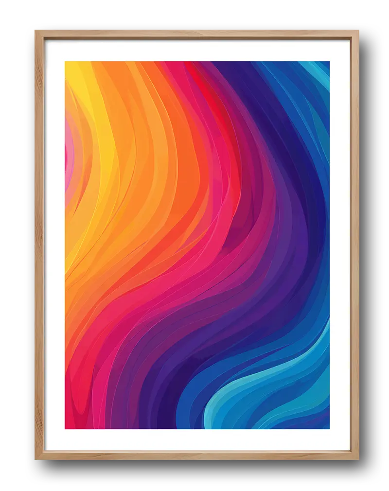 A vibrant abstract wall art poster featuring colorful flowing waves in shades of orange, pink, purple, and blue. This modern illustration adds a dynamic and energetic feel to any room, ideal for contemporary interior decor