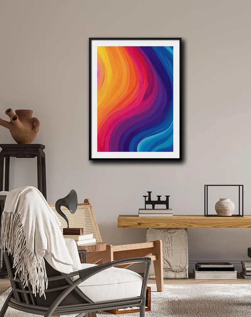 A vibrant abstract wall art poster featuring colorful flowing waves in shades of orange, pink, purple, and blue. This modern illustration adds a dynamic and energetic feel to any room, ideal for contemporary interior decor