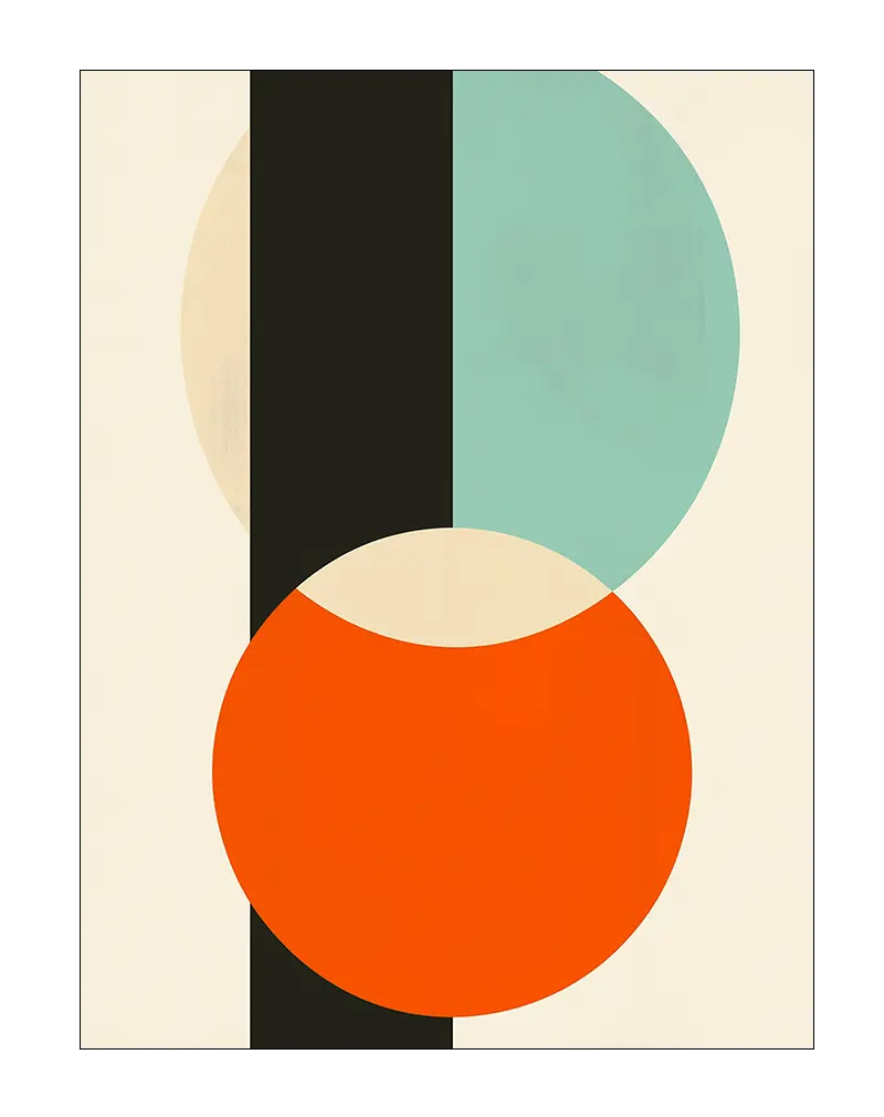 A minimalist geometric wall art poster featuring overlapping circles in orange, cream, and teal against a black vertical stripe. This abstract illustration is perfect for adding a modern touch to any room's decor