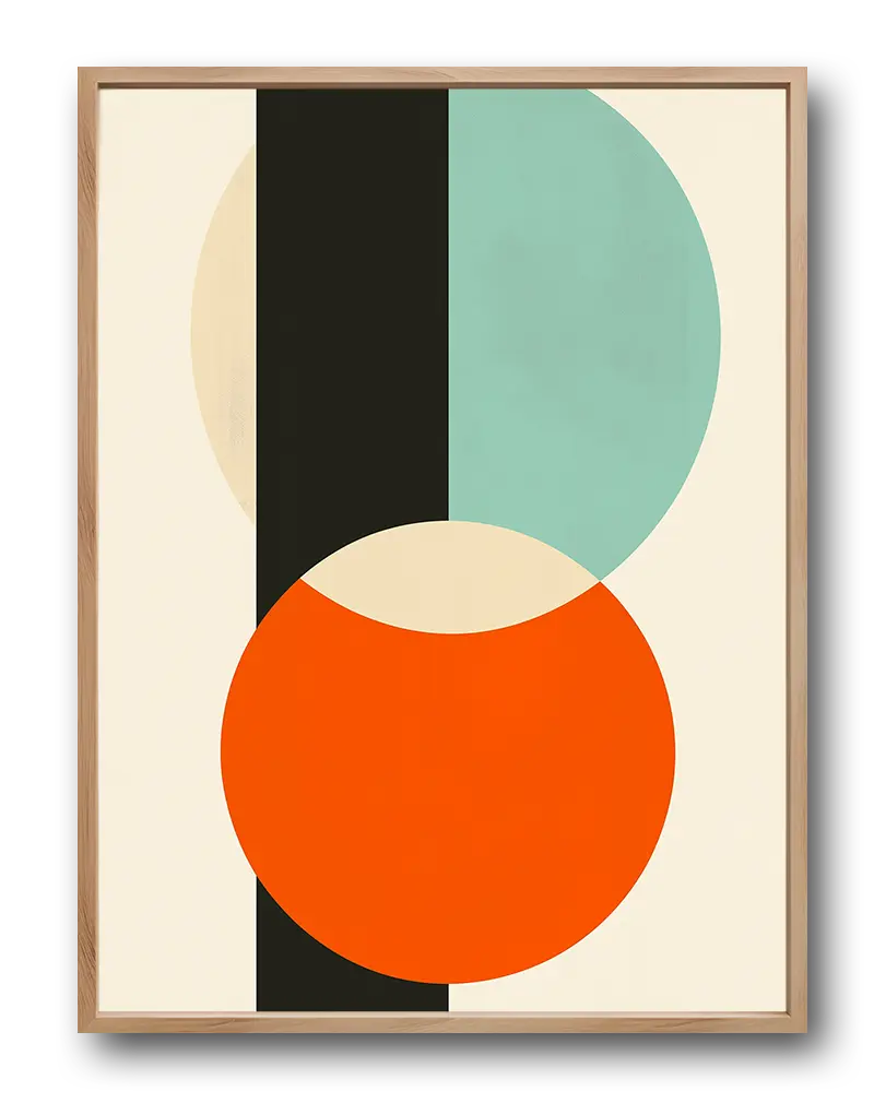 A minimalist geometric wall art poster featuring overlapping circles in orange, cream, and teal against a black vertical stripe. This abstract illustration is perfect for adding a modern touch to any room's decor