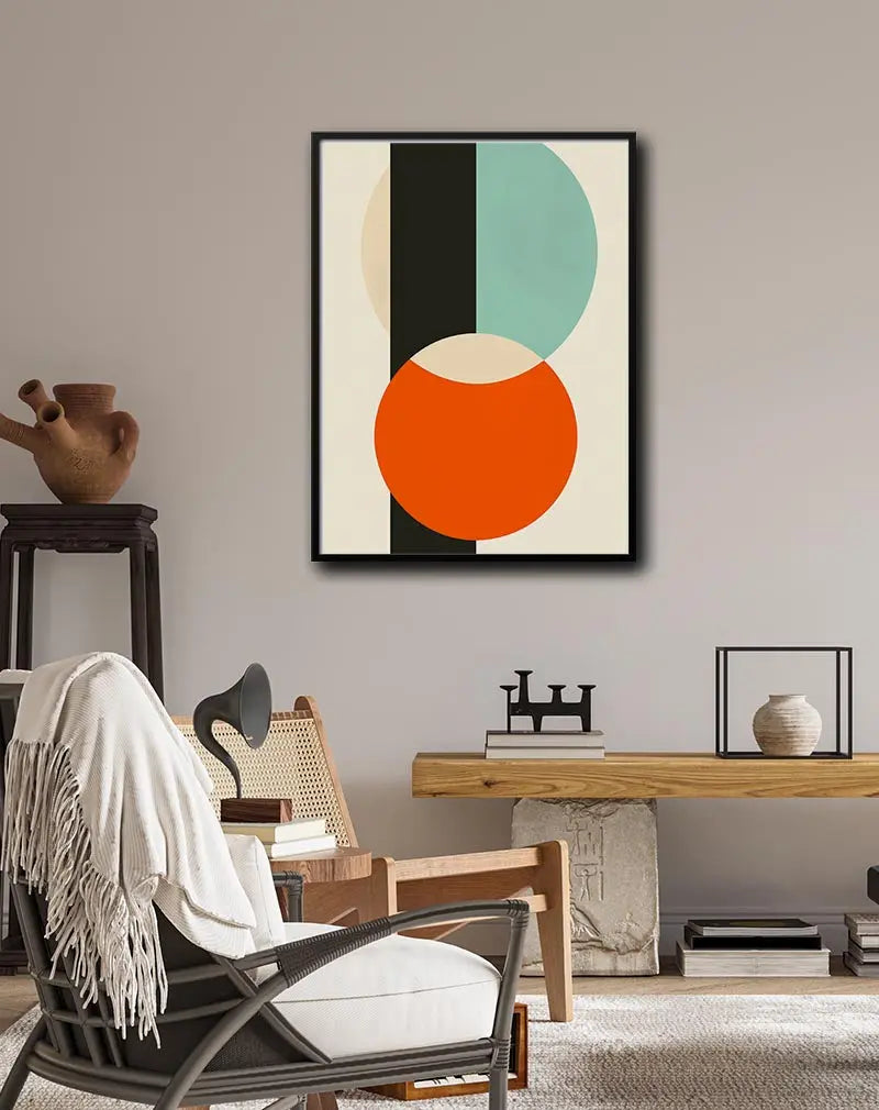 A minimalist geometric wall art poster featuring overlapping circles in orange, cream, and teal against a black vertical stripe. This abstract illustration is perfect for adding a modern touch to any room's decor