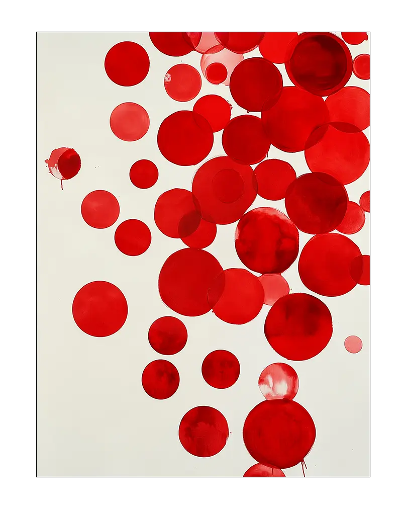 Abstract wall art poster featuring a collection of vibrant red circles of various sizes against a light background. This minimalist illustration adds a bold and modern touch to any decor