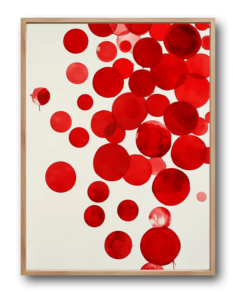 Abstract wall art poster featuring a collection of vibrant red circles of various sizes against a light background. This minimalist illustration adds a bold and modern touch to any decor