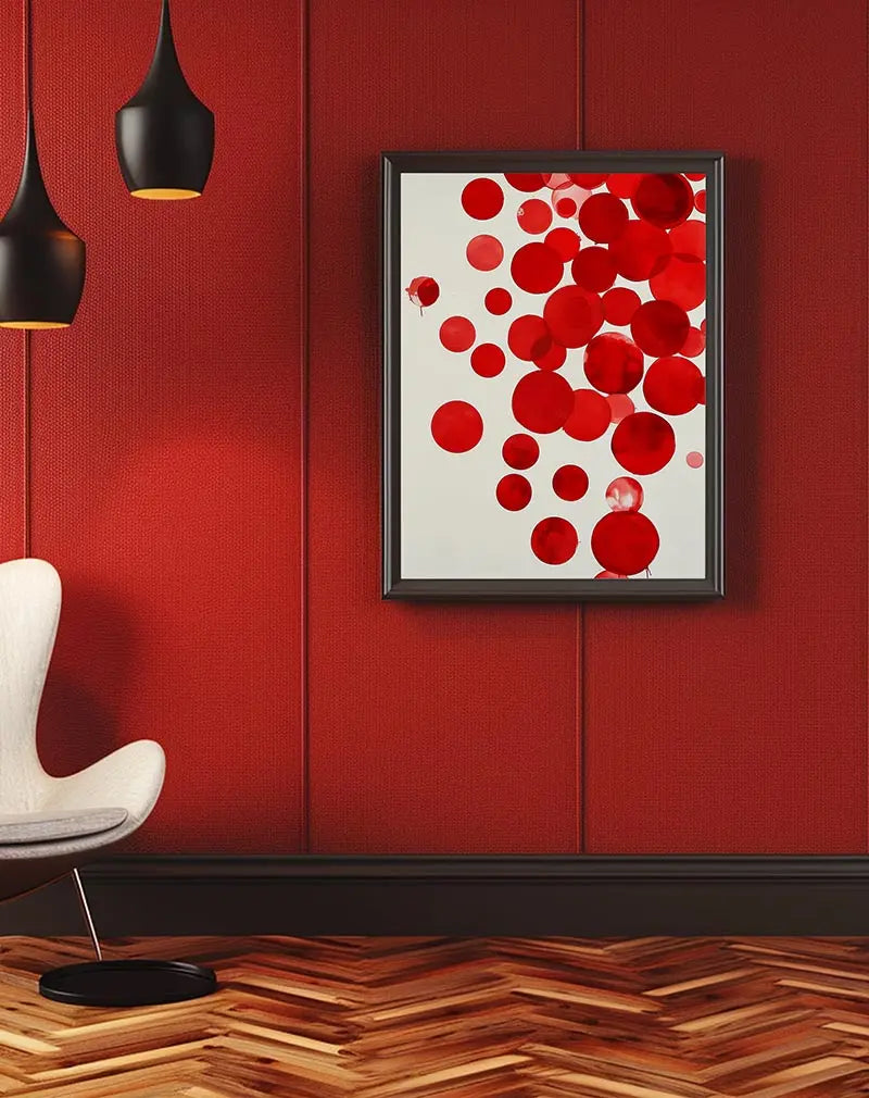 Abstract wall art poster featuring a collection of vibrant red circles of various sizes against a light background. This minimalist illustration adds a bold and modern touch to any decor