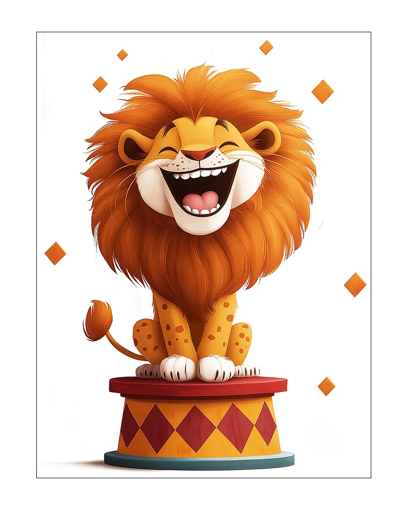 A cheerful illustration of a smiling circus lion sitting on a pedestal, with playful diamond patterns in the background. Perfect wall art for a playful and fun children's room or any space needing a touch of joy.