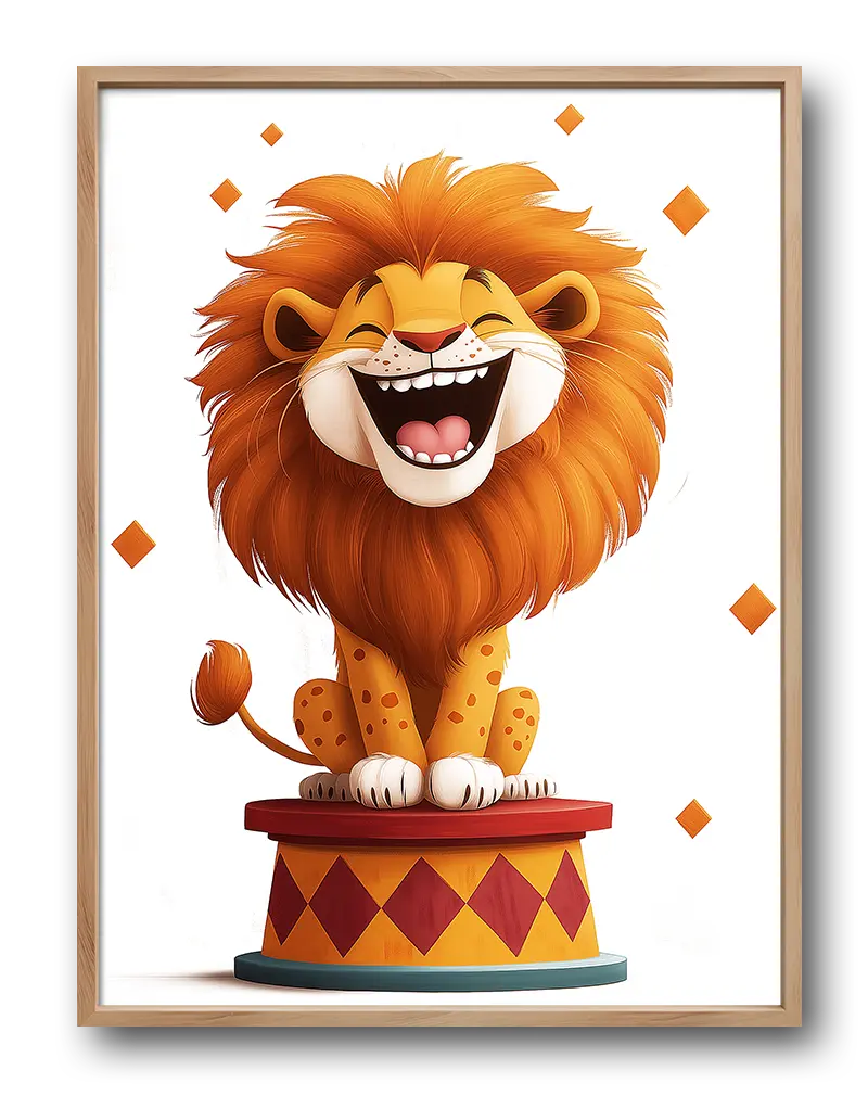 A cheerful illustration of a smiling circus lion sitting on a pedestal, with playful diamond patterns in the background. Perfect wall art for a playful and fun children's room or any space needing a touch of joy.