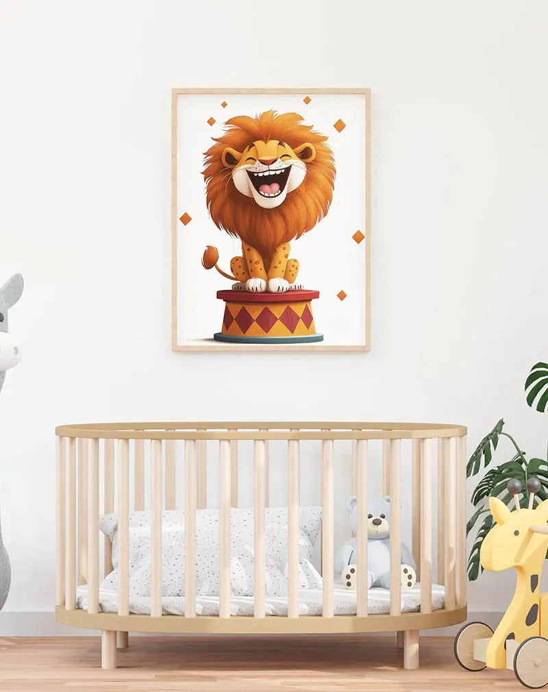 A cheerful illustration of a smiling circus lion sitting on a pedestal, with playful diamond patterns in the background. Perfect wall art for a playful and fun children's room or any space needing a touch of joy.