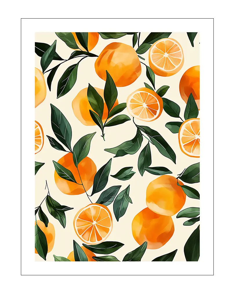 Vibrant illustration poster of oranges and green leaves, arranged in a repeating pattern. This fresh and colorful wall art brings a lively and natural feel to any space