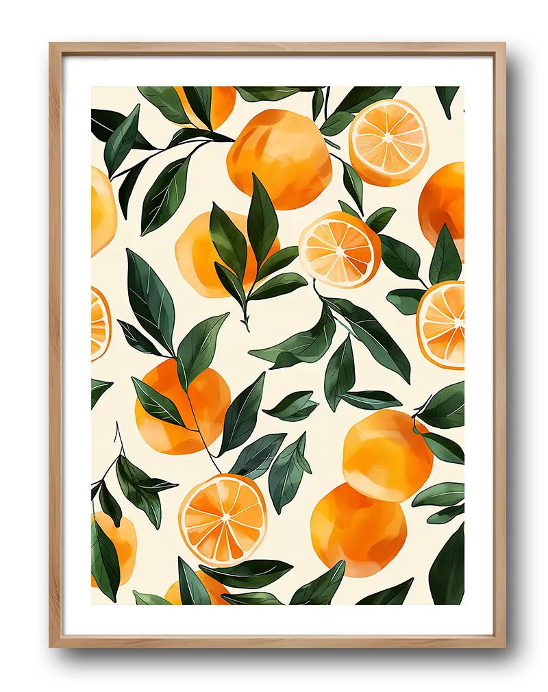 Vibrant illustration poster of oranges and green leaves, arranged in a repeating pattern. This fresh and colorful wall art brings a lively and natural feel to any space