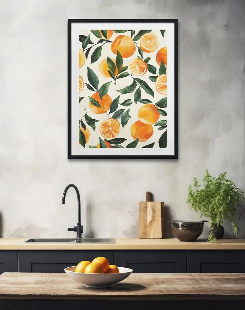 Vibrant illustration poster of oranges and green leaves, arranged in a repeating pattern. This fresh and colorful wall art brings a lively and natural feel to any space