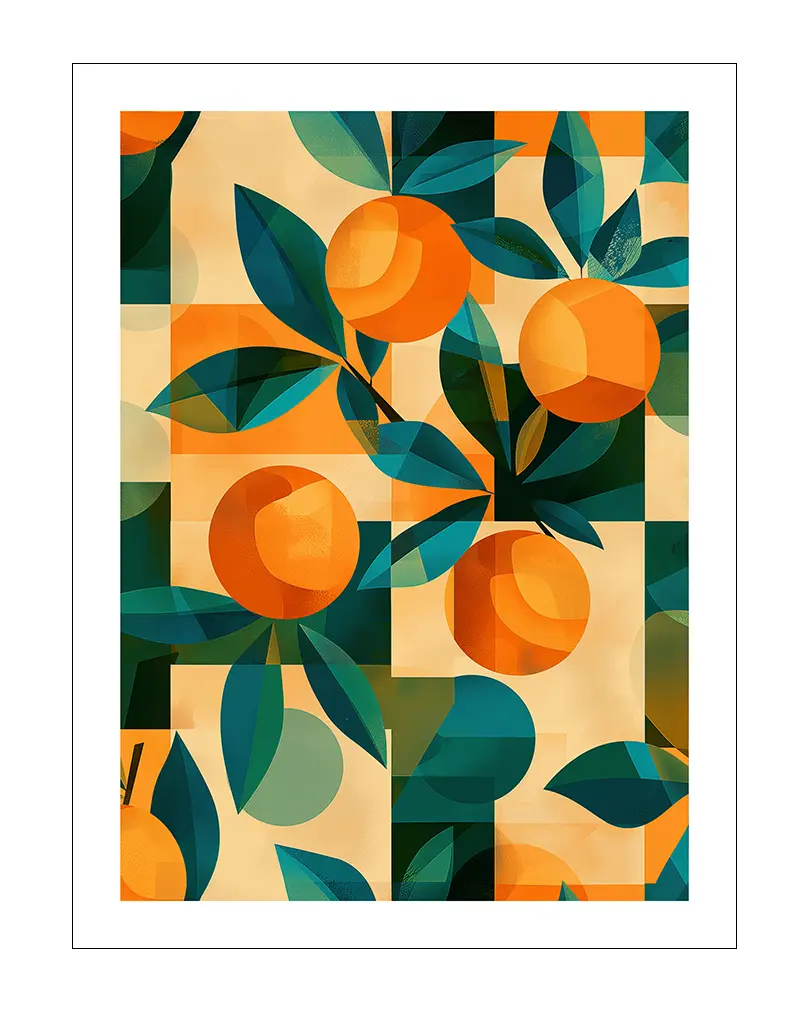 Geometric illustration poster featuring vibrant orange fruits with dark green leaves, set against a modern abstract background. This colorful wall art adds a fresh and bold touch to any decor