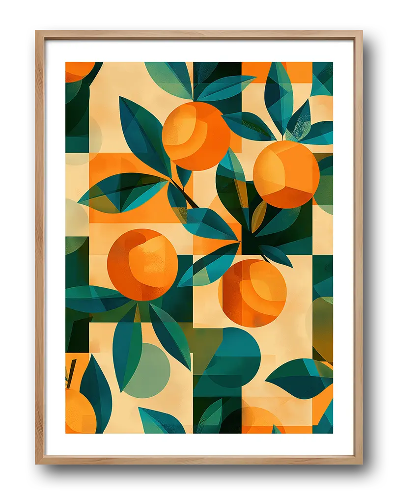 Geometric illustration poster featuring vibrant orange fruits with dark green leaves, set against a modern abstract background. This colorful wall art adds a fresh and bold touch to any decor