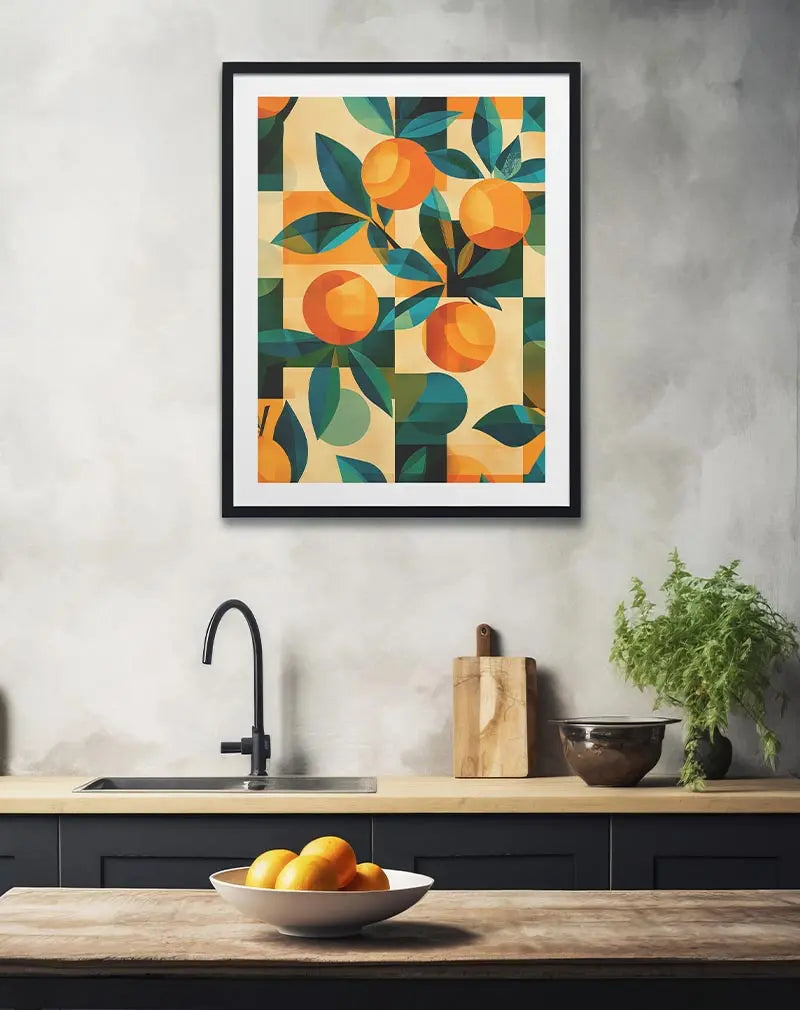 Geometric illustration poster featuring vibrant orange fruits with dark green leaves, set against a modern abstract background. This colorful wall art adds a fresh and bold touch to any decor