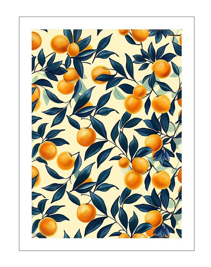 A vibrant wall art poster featuring a pattern of ripe orange fruits and dark green leaves on a soft background. This botanical illustration adds a fresh and lively touch to any space