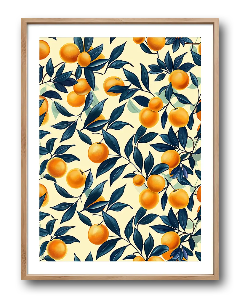 A vibrant wall art poster featuring a pattern of ripe orange fruits and dark green leaves on a soft background. This botanical illustration adds a fresh and lively touch to any space