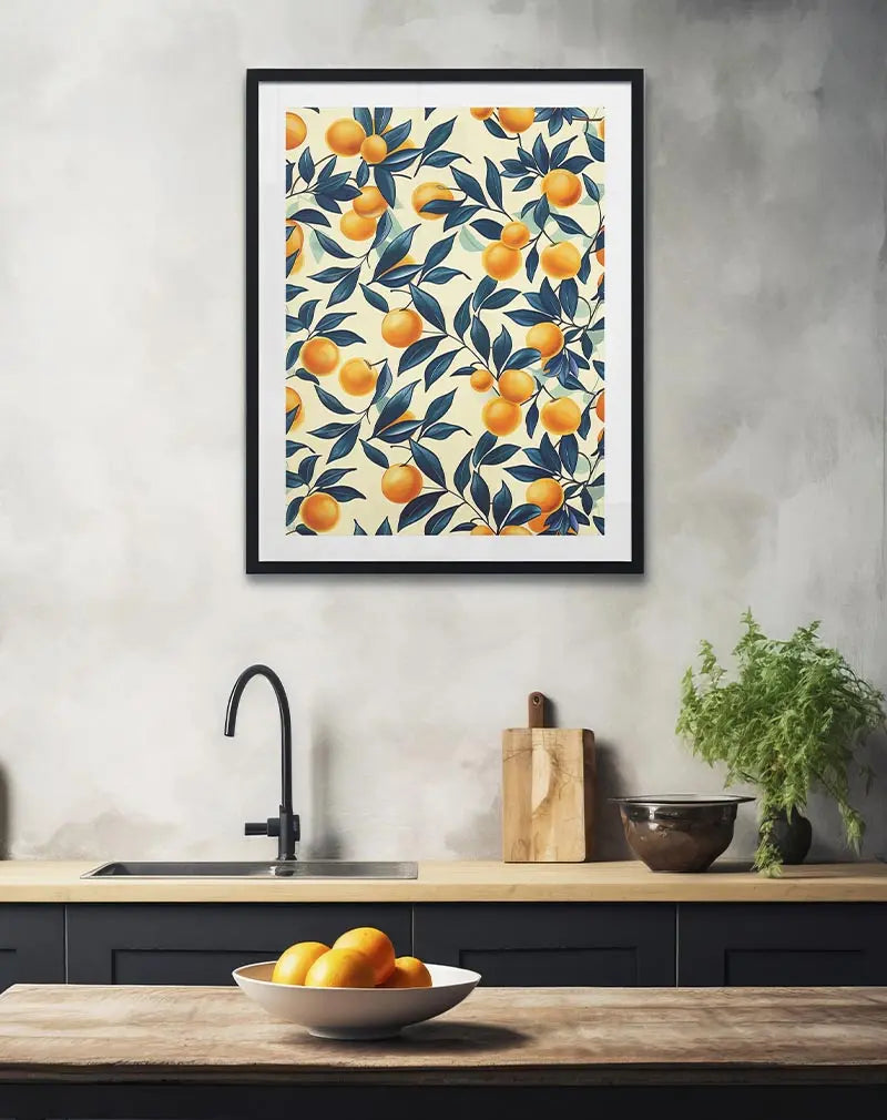 A vibrant wall art poster featuring a pattern of ripe orange fruits and dark green leaves on a soft background. This botanical illustration adds a fresh and lively touch to any space