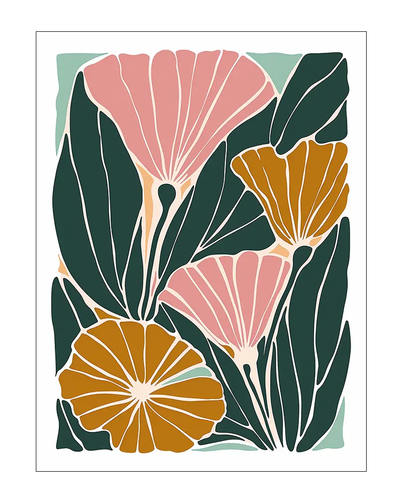 A colorful abstract wall art poster featuring stylized pink, orange, and green flowers with bold leaves. This botanical illustration poster adds a modern and artistic touch to home decor