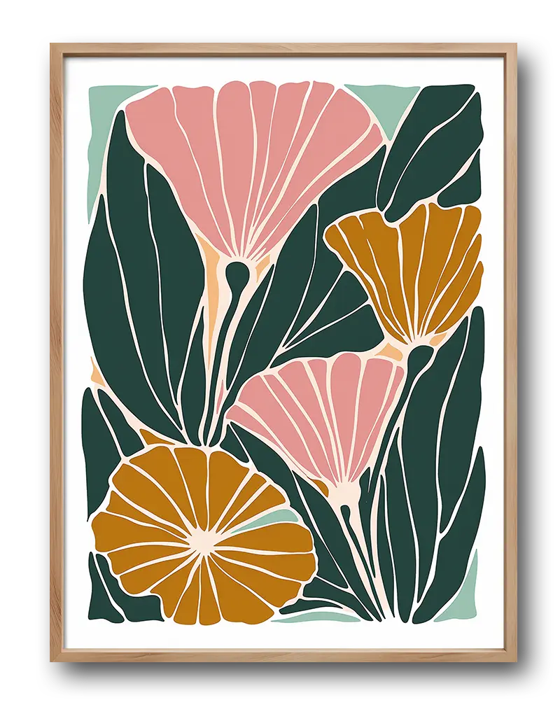 A colorful abstract wall art poster featuring stylized pink, orange, and green flowers with bold leaves. This botanical illustration poster adds a modern and artistic touch to home decor