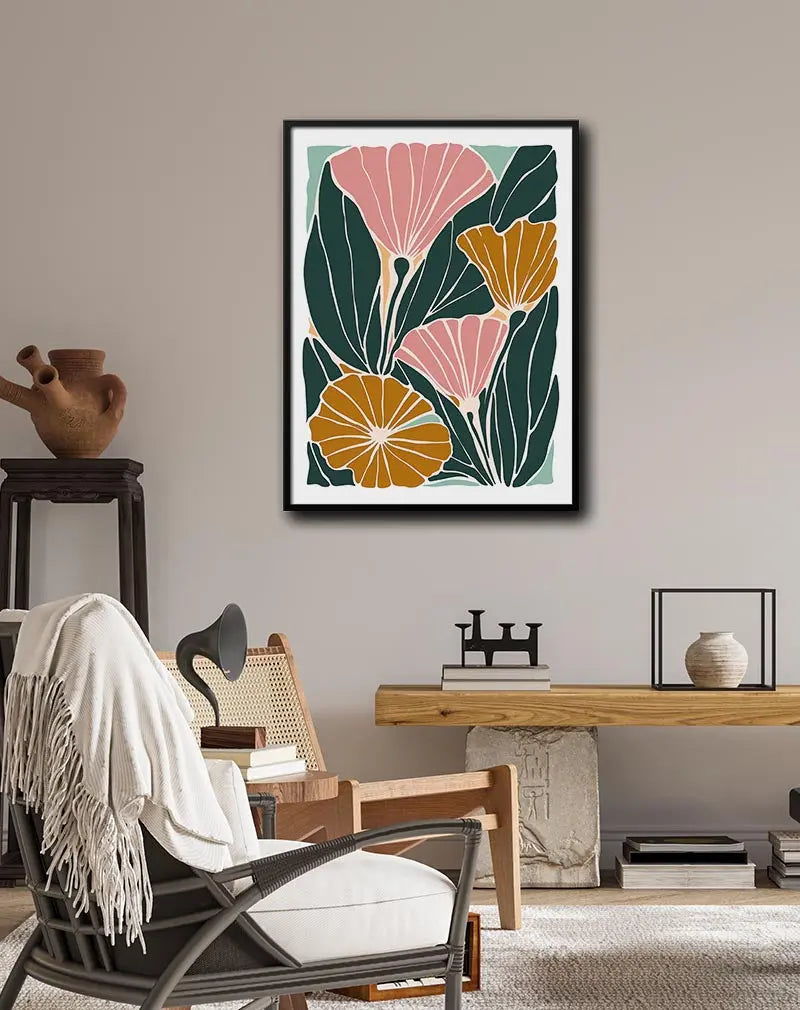 A colorful abstract wall art poster featuring stylized pink, orange, and green flowers with bold leaves. This botanical illustration poster adds a modern and artistic touch to home decor