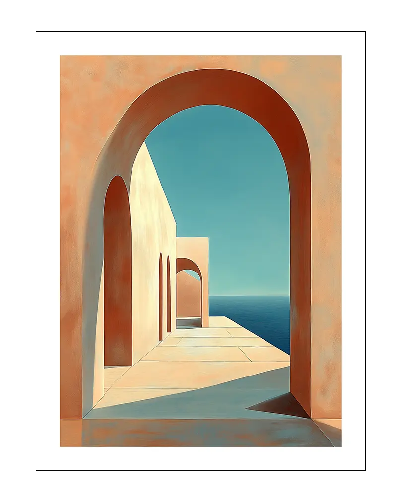 A minimalistic illustration of a Mediterranean-style archway with soft colors and a view of the sea. Perfect wall art for adding a touch of tranquility to any space.