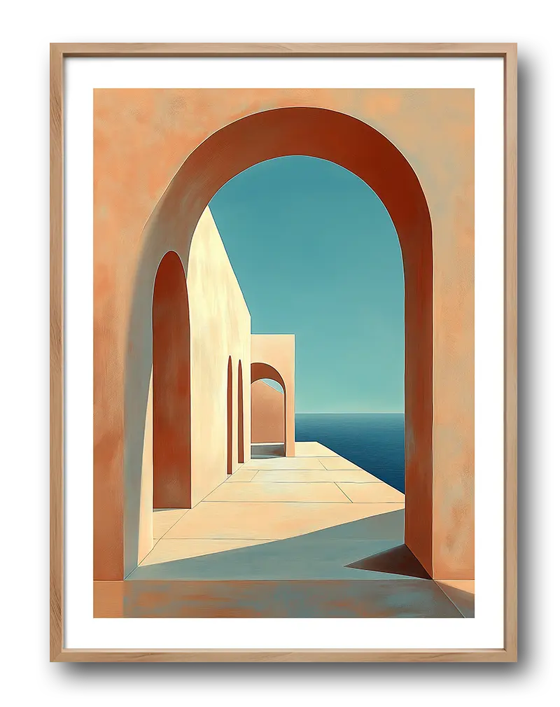 A minimalistic illustration of a Mediterranean-style archway with soft colors and a view of the sea. Perfect wall art for adding a touch of tranquility to any space.