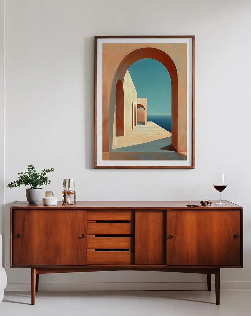 A minimalistic illustration of a Mediterranean-style archway with soft colors and a view of the sea. Perfect wall art for adding a touch of tranquility to any space.