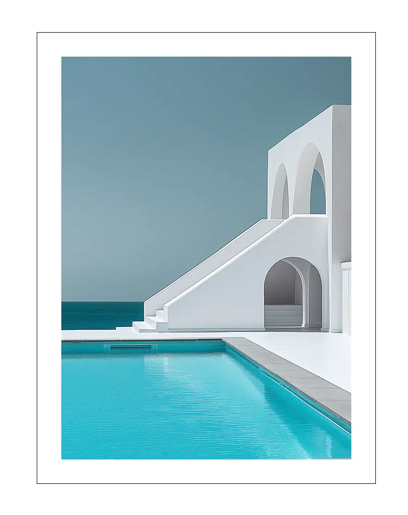 A minimalistic wall art poster featuring modern white architecture by a clear blue pool, overlooking the sea. This sleek illustration captures the essence of Mediterranean luxury and tranquility, perfect for enhancing contemporary home decor