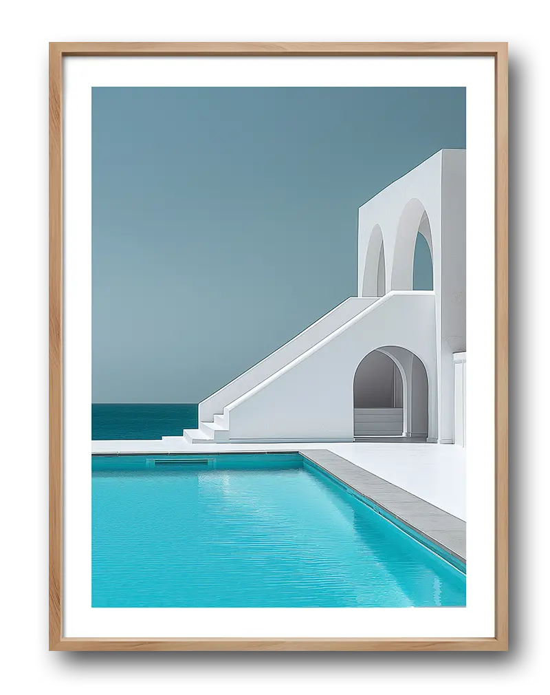 A minimalistic wall art poster featuring modern white architecture by a clear blue pool, overlooking the sea. This sleek illustration captures the essence of Mediterranean luxury and tranquility, perfect for enhancing contemporary home decor