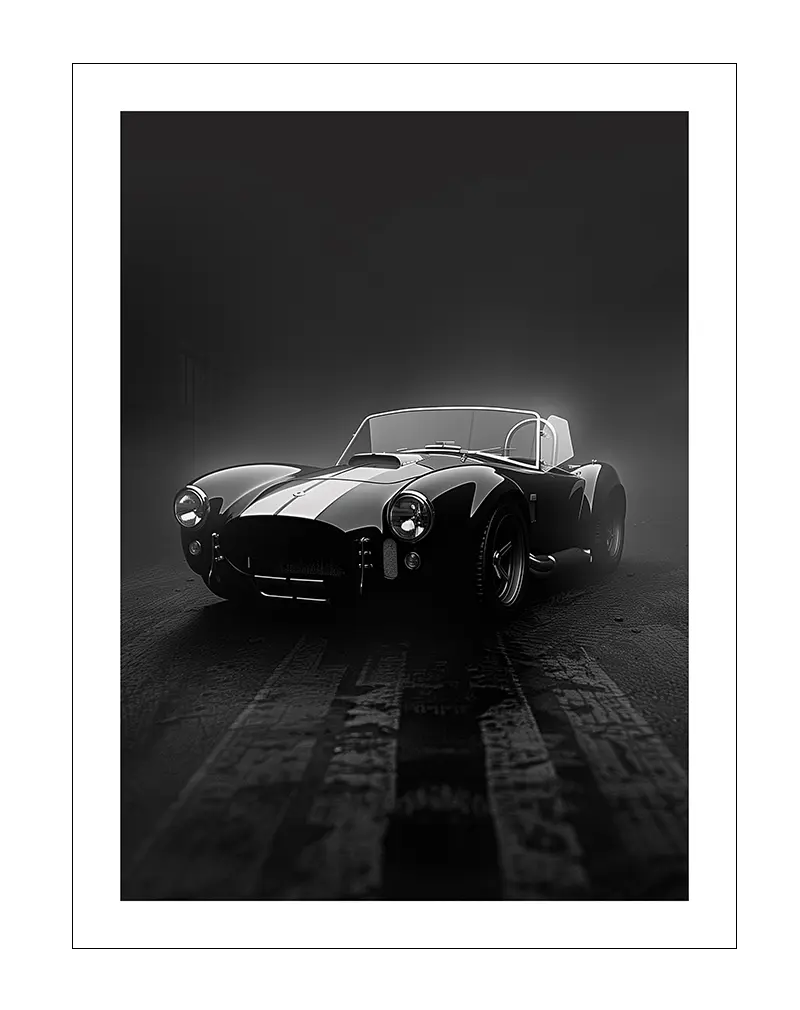 A striking black and white wall art poster featuring a vintage sports car in dramatic lighting, highlighting its sleek curves and classic design. Perfect for car enthusiasts or as a stylish decoration in a modern or industrial-themed space