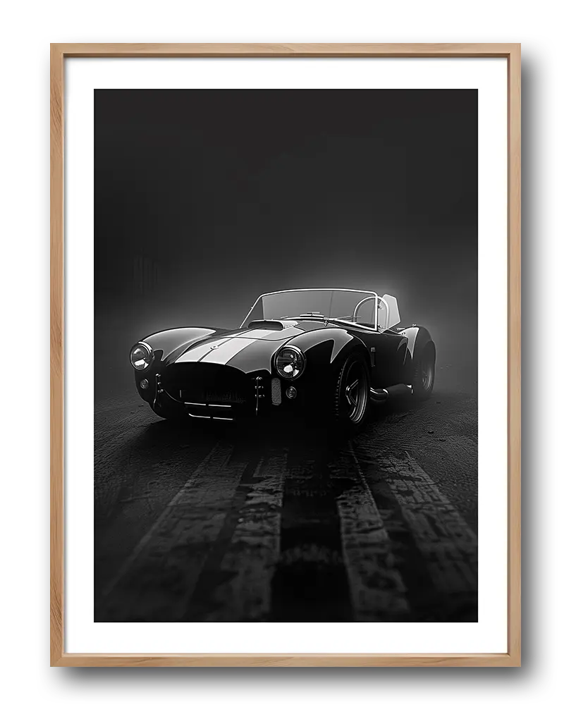 A striking black and white wall art poster featuring a vintage sports car in dramatic lighting, highlighting its sleek curves and classic design. Perfect for car enthusiasts or as a stylish decoration in a modern or industrial-themed space