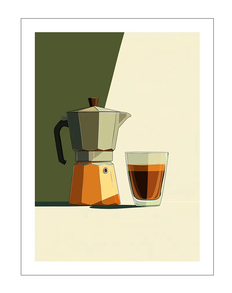 Minimalist illustration of a moka pot and a glass of espresso, capturing a retro-modern vibe. This wall art poster adds a stylish and cozy coffee-themed decoration to any kitchen or café space