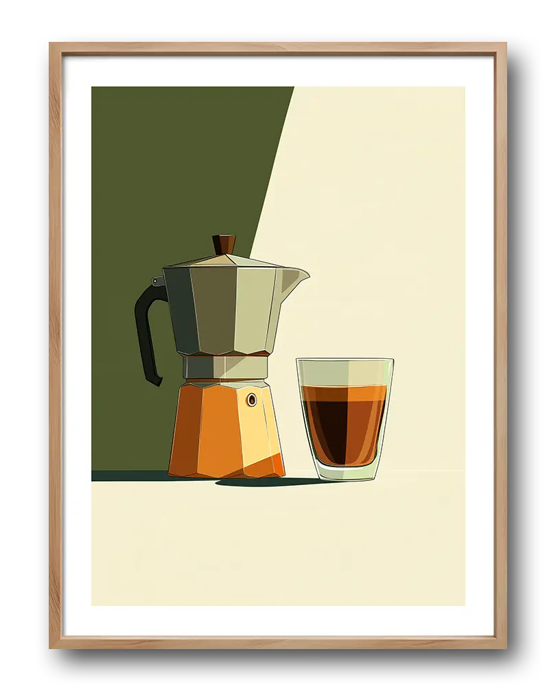 Minimalist illustration of a moka pot and a glass of espresso, capturing a retro-modern vibe. This wall art poster adds a stylish and cozy coffee-themed decoration to any kitchen or café space