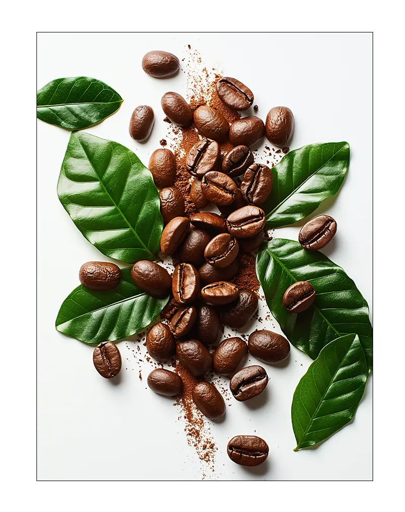 High-resolution close-up of coffee beans scattered on a white surface with fresh green leaves, perfect for a kitchen or café. This coffee-themed wall art poster captures the essence of freshness and energy, ideal for coffee lovers