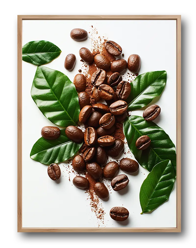 High-resolution close-up of coffee beans scattered on a white surface with fresh green leaves, perfect for a kitchen or café. This coffee-themed wall art poster captures the essence of freshness and energy, ideal for coffee lovers