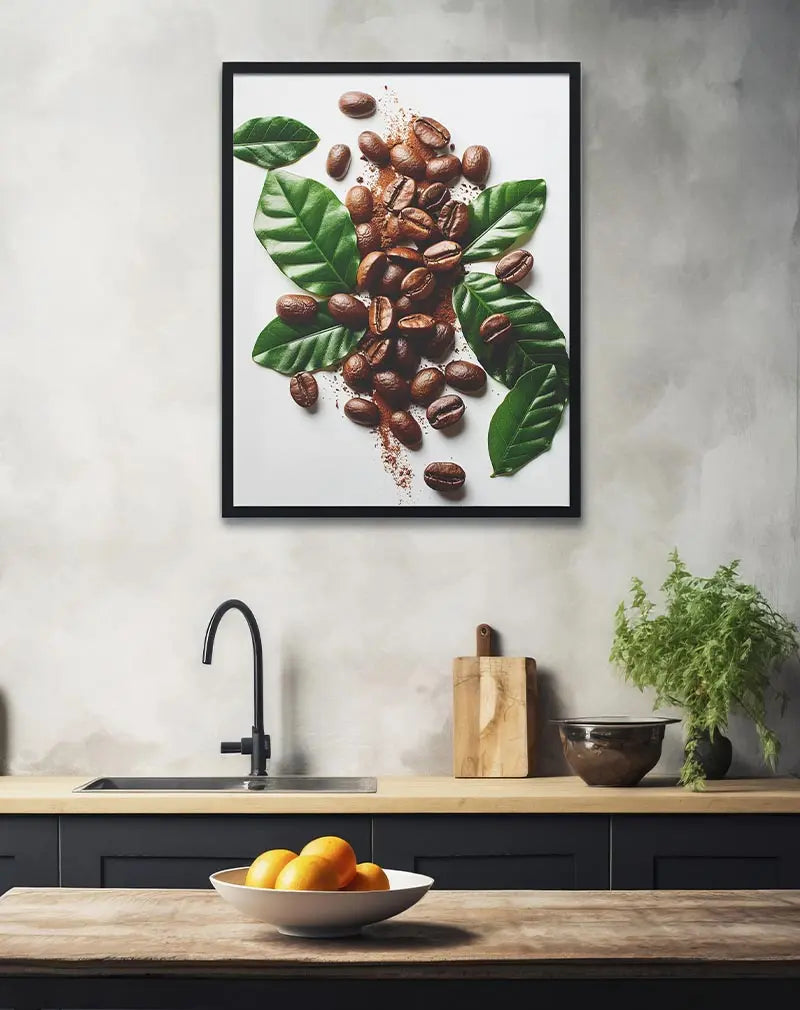 High-resolution close-up of coffee beans scattered on a white surface with fresh green leaves, perfect for a kitchen or café. This coffee-themed wall art poster captures the essence of freshness and energy, ideal for coffee lovers