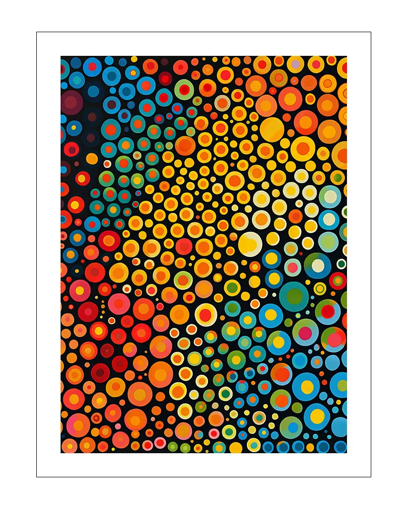 A vibrant abstract wall art poster featuring a dynamic array of colorful circles in various sizes on a black background. This geometric illustration adds a bold and energetic touch to any modern space