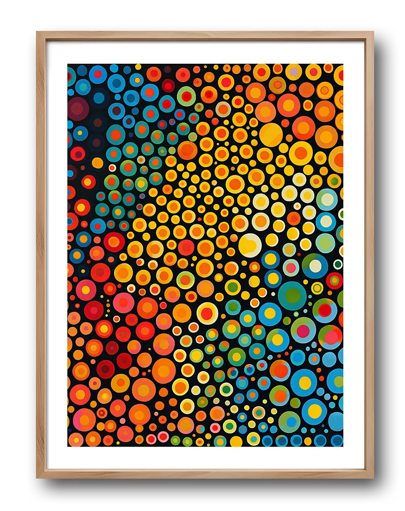 A vibrant abstract wall art poster featuring a dynamic array of colorful circles in various sizes on a black background. This geometric illustration adds a bold and energetic touch to any modern space