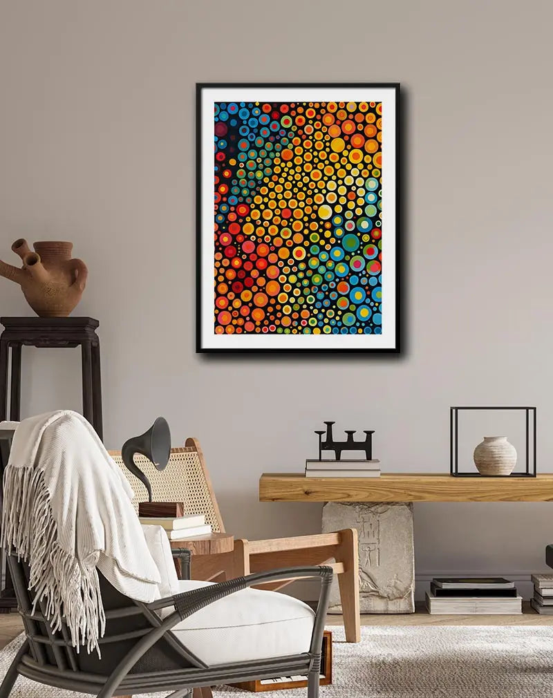 A vibrant abstract wall art poster featuring a dynamic array of colorful circles in various sizes on a black background. This geometric illustration adds a bold and energetic touch to any modern space