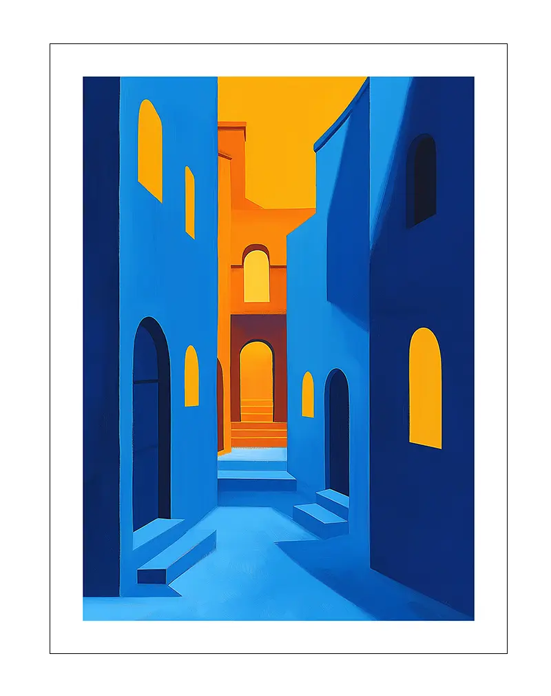 An abstract architectural scene with vibrant blue buildings contrasted by warm yellow lighting and walls.