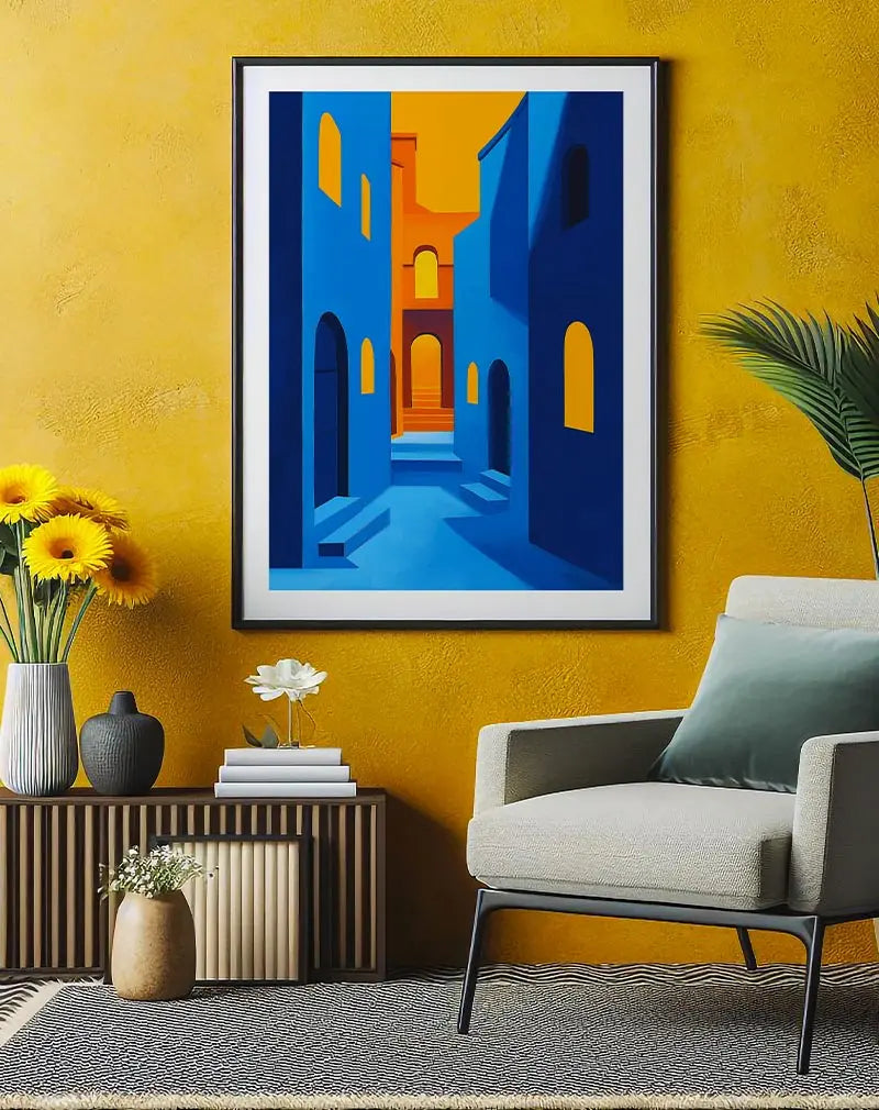 An abstract architectural scene with vibrant blue buildings contrasted by warm yellow lighting and walls.