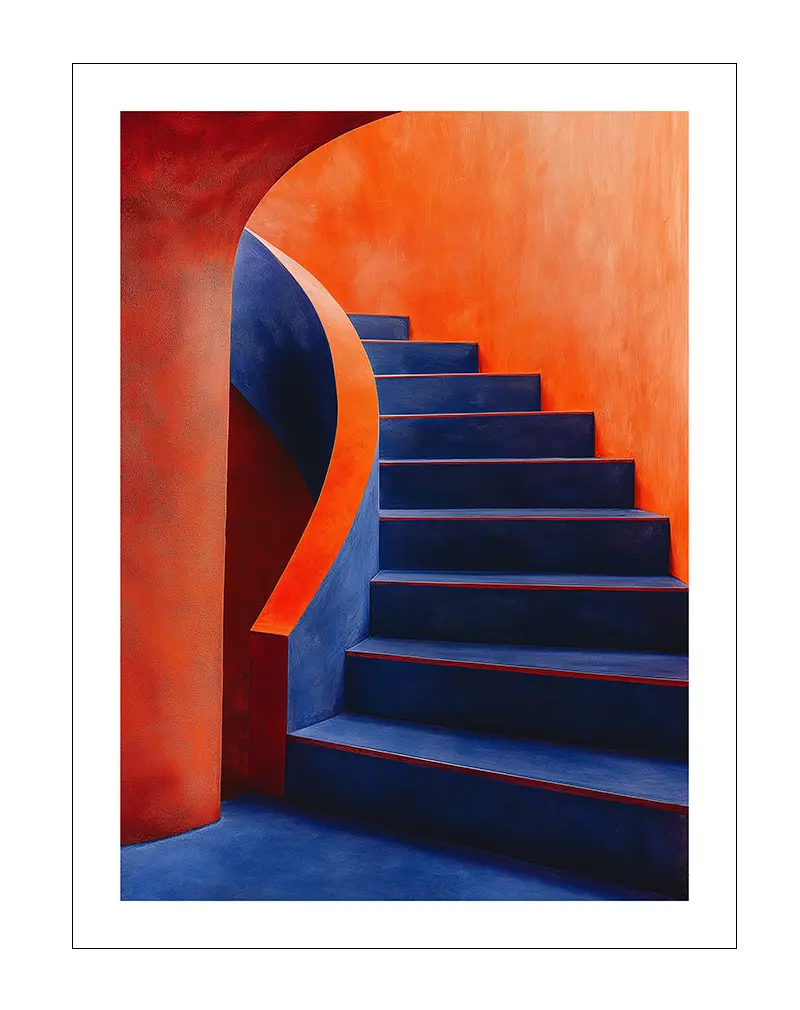 A striking illustration of a blue staircase against vibrant orange walls. The minimalist design enhances a modern space. Perfect wall art for adding bold architectural beauty to any room