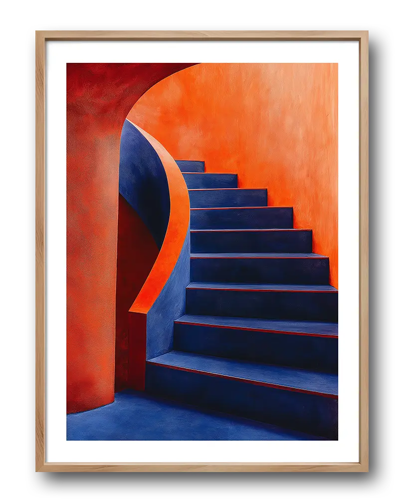 A striking illustration of a blue staircase against vibrant orange walls. The minimalist design enhances a modern space. Perfect wall art for adding bold architectural beauty to any room