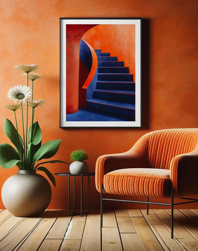 A striking illustration of a blue staircase against vibrant orange walls. The minimalist design enhances a modern space. Perfect wall art for adding bold architectural beauty to any room