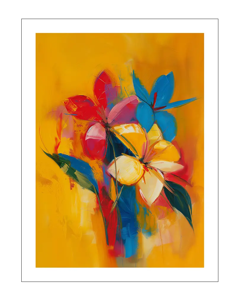 A vibrant abstract wall art poster featuring bold brushstrokes of red, blue, yellow, and white flowers on a bright yellow background. This floral illustration adds an energetic and colorful touch to any interior space