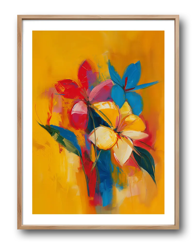 A vibrant abstract wall art poster featuring bold brushstrokes of red, blue, yellow, and white flowers on a bright yellow background. This floral illustration adds an energetic and colorful touch to any interior space