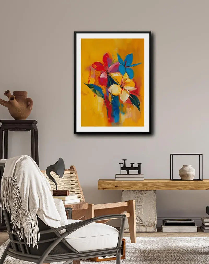 A vibrant abstract wall art poster featuring bold brushstrokes of red, blue, yellow, and white flowers on a bright yellow background. This floral illustration adds an energetic and colorful touch to any interior space