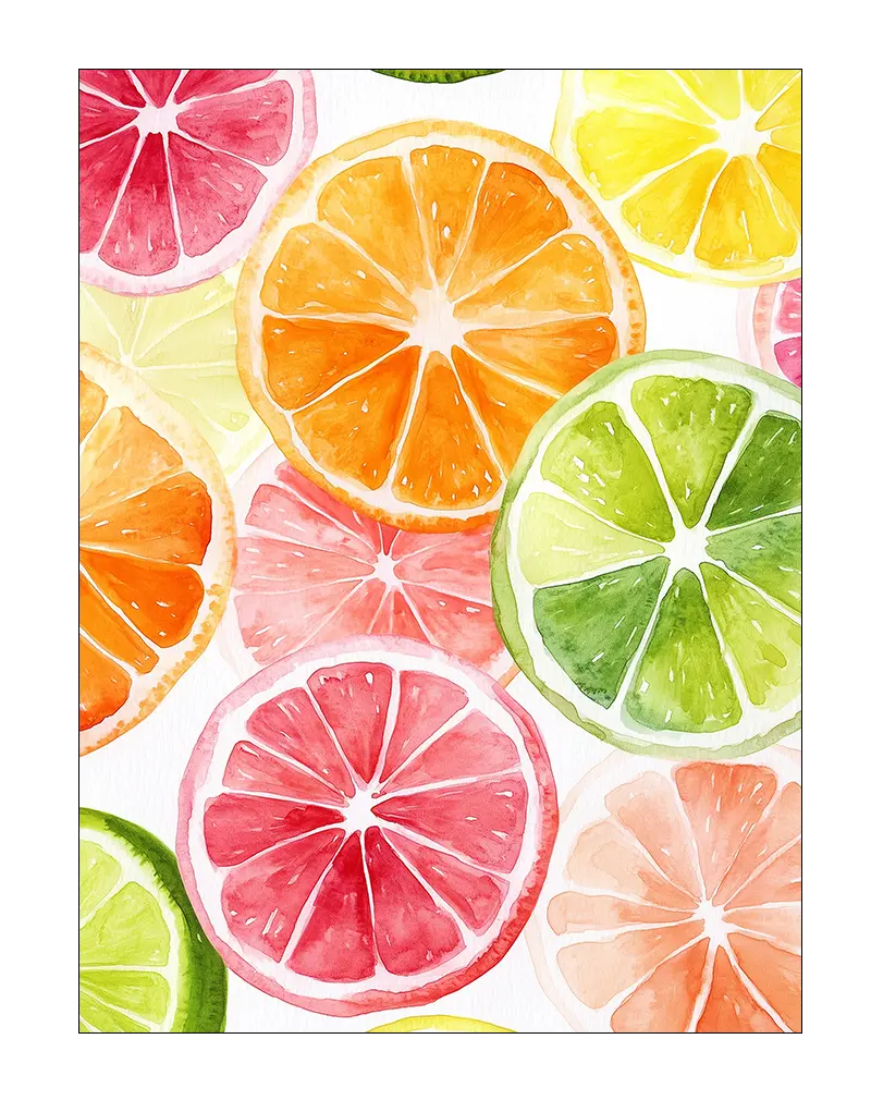 A vibrant watercolor illustration featuring slices of citrus fruits like oranges, lemons, limes, and grapefruits in refreshing colors. Perfect wall art for brightening up a kitchen or dining space with a lively and fresh touch