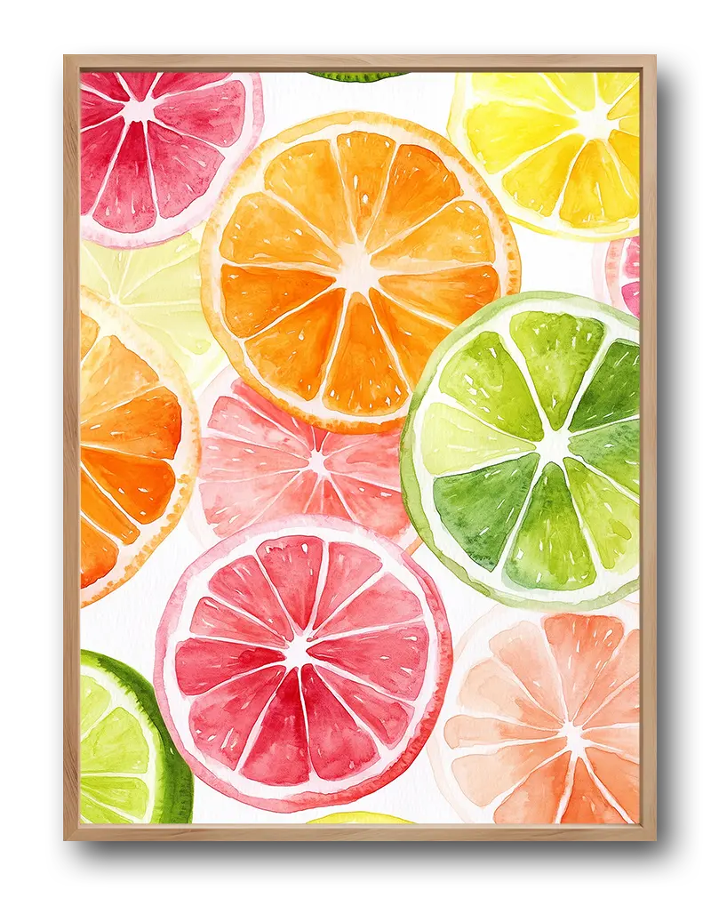 A vibrant watercolor illustration featuring slices of citrus fruits like oranges, lemons, limes, and grapefruits in refreshing colors. Perfect wall art for brightening up a kitchen or dining space with a lively and fresh touch